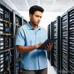 Home 10 네트워크 유지보수 비용 절감 전략 - **Prompt 1: The IT Infrastructure Audit**
A wide shot of a slightly messy, realistic IT server r...