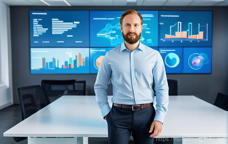 네트워크 관리자의 해외 취업 사례 - **Prompt:** A highly skilled Russian IT specialist, a man in his mid-30s, dressed in a sharp busines...