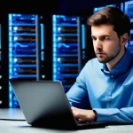 Home 8 네트워크 시험장에서 자주 묻는 질문 - **Prompt:** A focused male IT professional, in his late 20s or early 30s, with short dark hair and a...