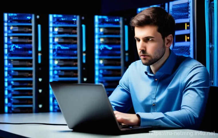 네트워크 시험장에서 자주 묻는 질문 - **Prompt:** A focused male IT professional, in his late 20s or early 30s, with short dark hair and a...