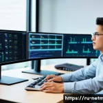 네트워크 엔지니어 자격증 실기 전략 - A modern home networking lab setup featuring a young adult male in casual clothes working with real ...