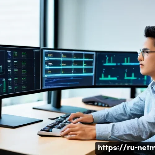 네트워크 엔지니어 자격증 실기 전략 - A modern home networking lab setup featuring a young adult male in casual clothes working with real ...