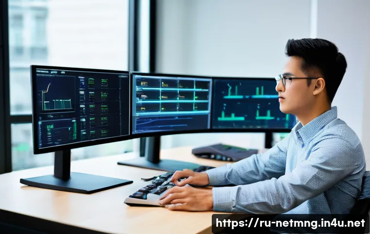 네트워크 엔지니어 자격증 실기 전략 - A modern home networking lab setup featuring a young adult male in casual clothes working with real ...