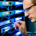 네트워크 장애 복구 절차 - A detailed close-up scene of a network engineer in a modern Russian office environment, visually ins...