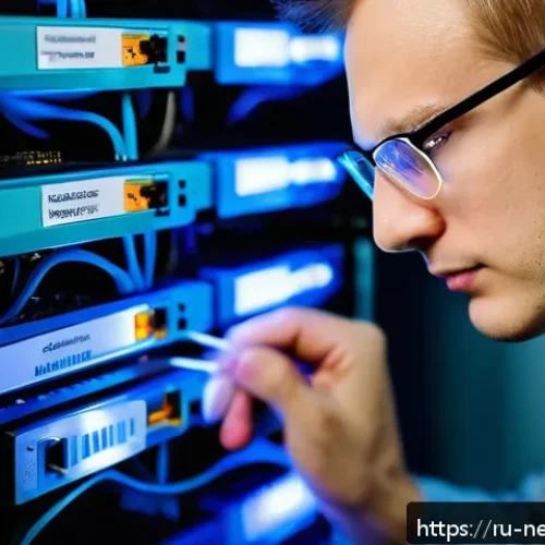 네트워크 장애 복구 절차 - A detailed close-up scene of a network engineer in a modern Russian office environment, visually ins...