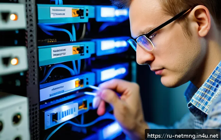 네트워크 장애 복구 절차 - A detailed close-up scene of a network engineer in a modern Russian office environment, visually ins...