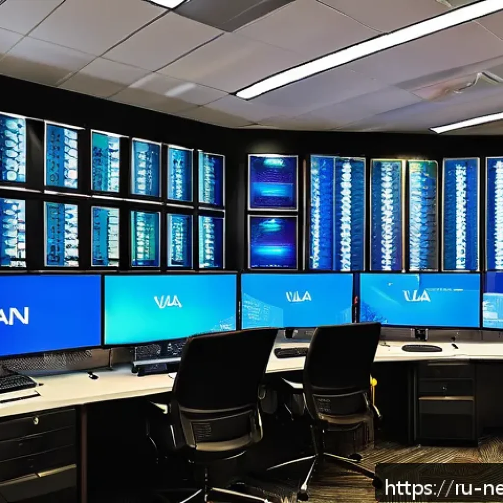 VLAN 설정 및 관리 가이드 - A detailed, modern corporate office network room featuring multiple sleek VLAN-configured network sw...