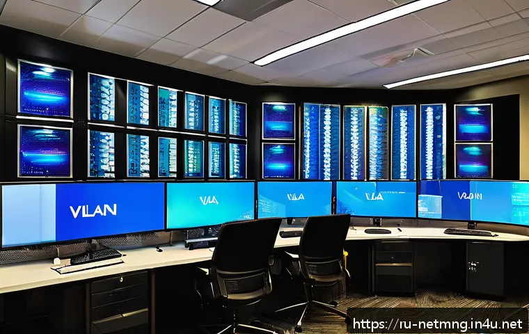 VLAN 설정 및 관리 가이드 - A detailed, modern corporate office network room featuring multiple sleek VLAN-configured network sw...