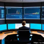 네트워크 관리자를 위한 면접 질문 - A detailed illustration of a modern network administrator’s workspace in a Russian office environmen...