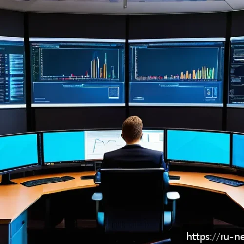 네트워크 관리자를 위한 면접 질문 - A detailed illustration of a modern network administrator’s workspace in a Russian office environmen...