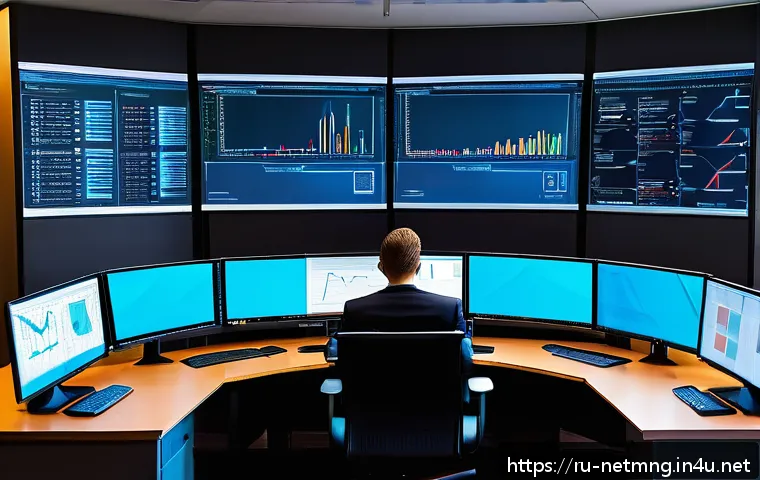 네트워크 관리자를 위한 면접 질문 - A detailed illustration of a modern network administrator’s workspace in a Russian office environmen...