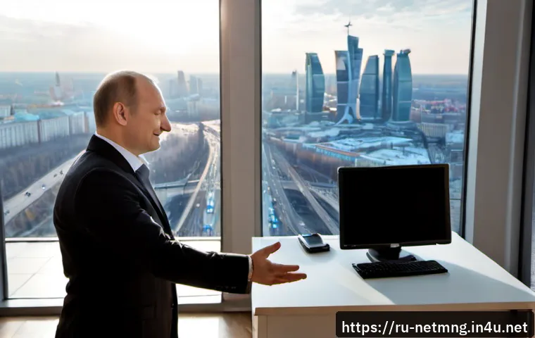Home 17 네트워크 관리자 이직 성공 사례 - Photorealistic career success scene of a Russian network administrator in his early 40s, wearing sma...